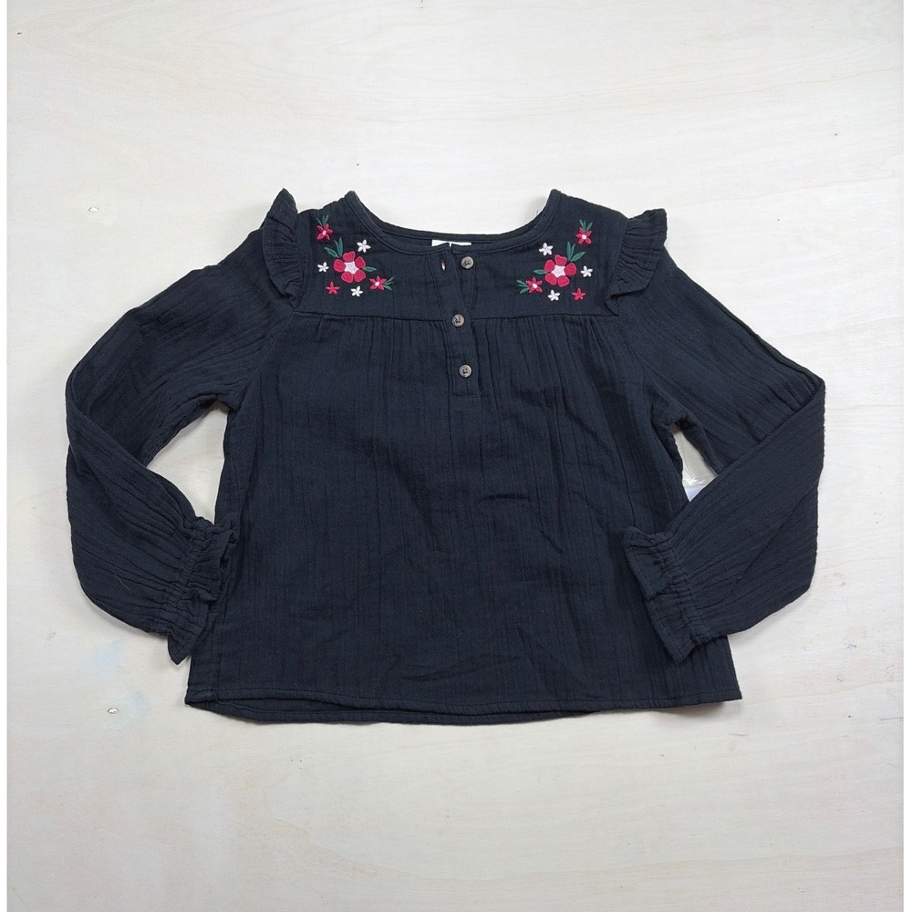 Jumping Beans Girls Black Cotton Gauze Embroidered Floral Ruffle Blouse Size 5